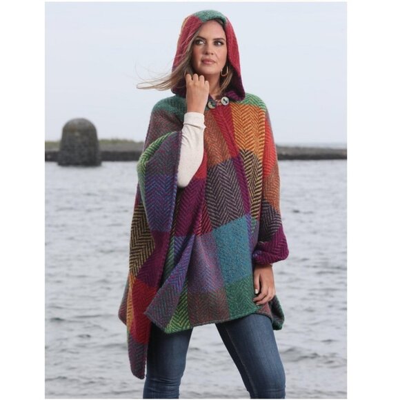 Aran Sweater Market Sweaters - Aran Sweater Market One Button Colorful Wool Handwoven Cape Sweater Rainbow
